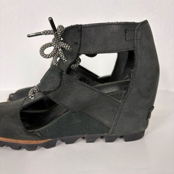 Sorel Black Leather Cutout Side Wedge Lace Up Sandals Size 8 - Picture 2 of 9